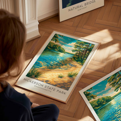 Nickerson State Park Matte Border Poster | Massachusetts Destination Print Travel Wall Art — styled in a modern interior