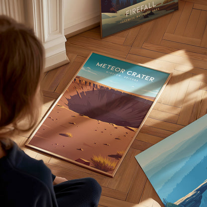 Meteor Crater, Winslow, Arizona Poster | Desert Adventure Travel Wall Art — styled in a modern interior