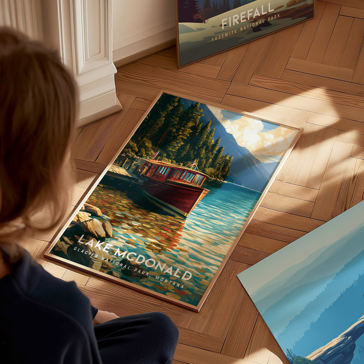 Lake McDonald, Glacier National Park, Montana Poster | Mountain Lake Reflections Destination Print Wall Art — styled in a mod