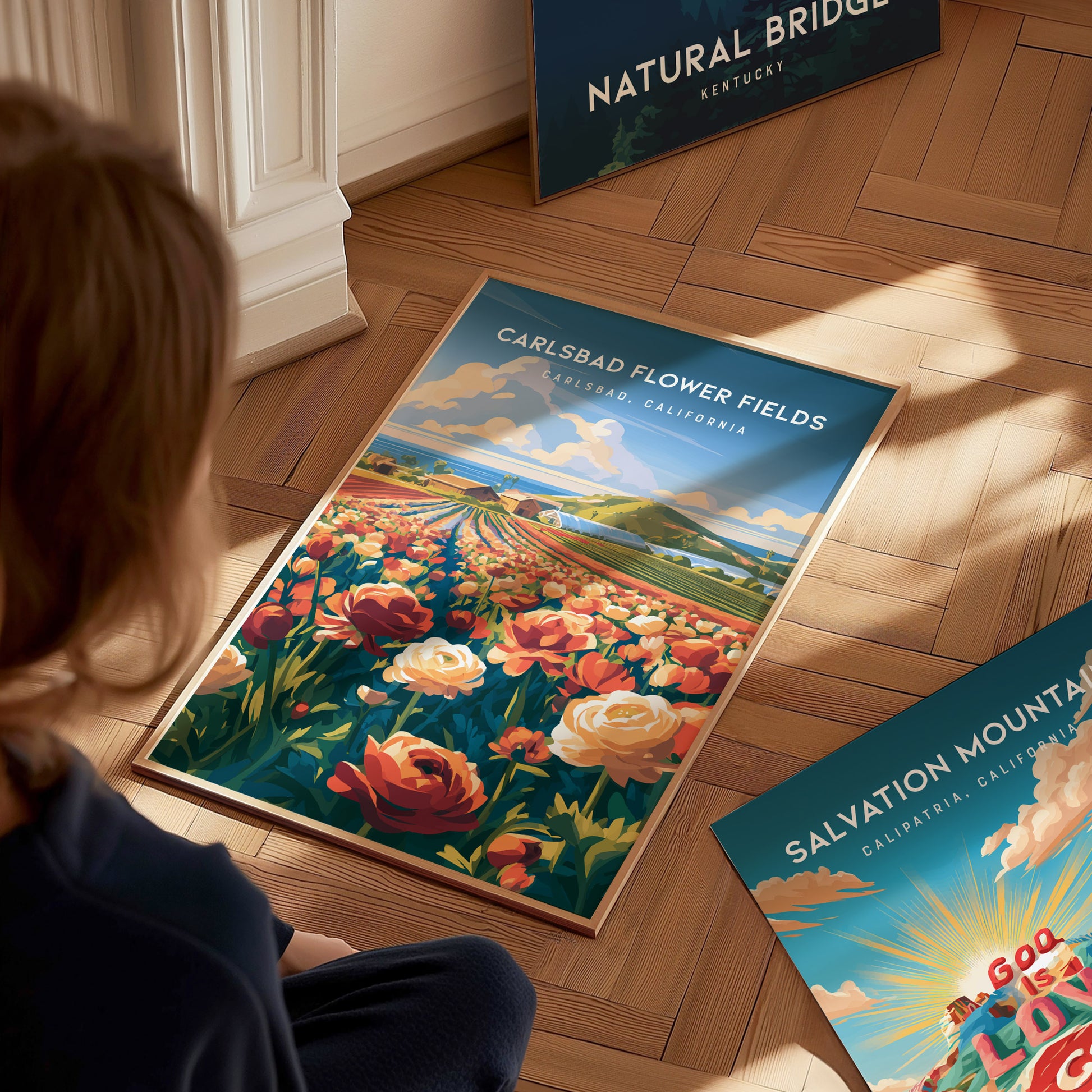 Carlsbad Flower Fields, California Poster | Vibrant Blooms & Coastal Views Wall Art — styled in a modern interior
