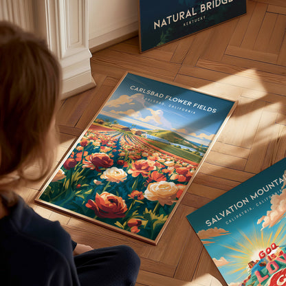 Carlsbad Flower Fields, California Poster | Vibrant Blooms & Coastal Views Wall Art — styled in a modern interior