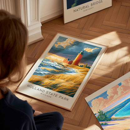 Holland State Park Matte Border Poster | Michigan Travel Wall Art — styled in a modern interior