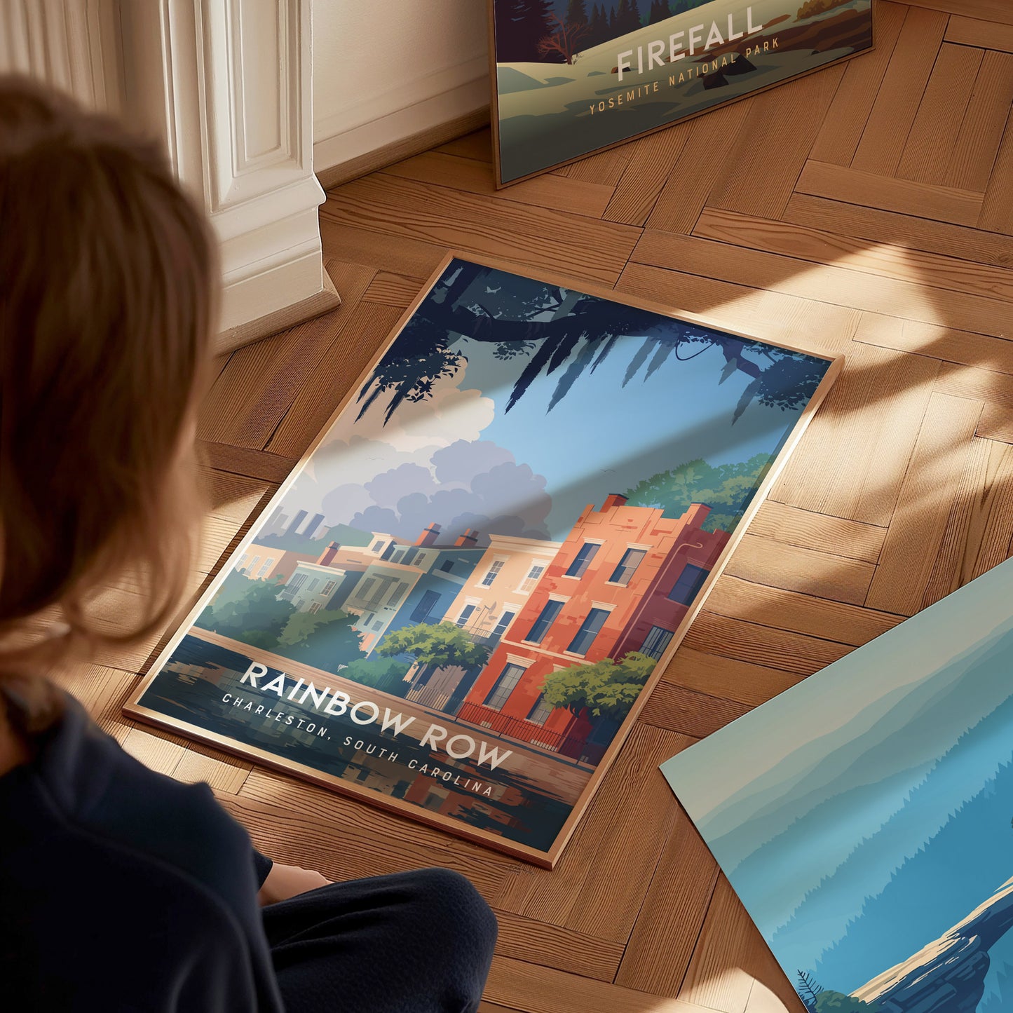 Rainbow Row, Charleston Poster | Colorful Historic Homes Coastal Wall Art — styled in a modern interior