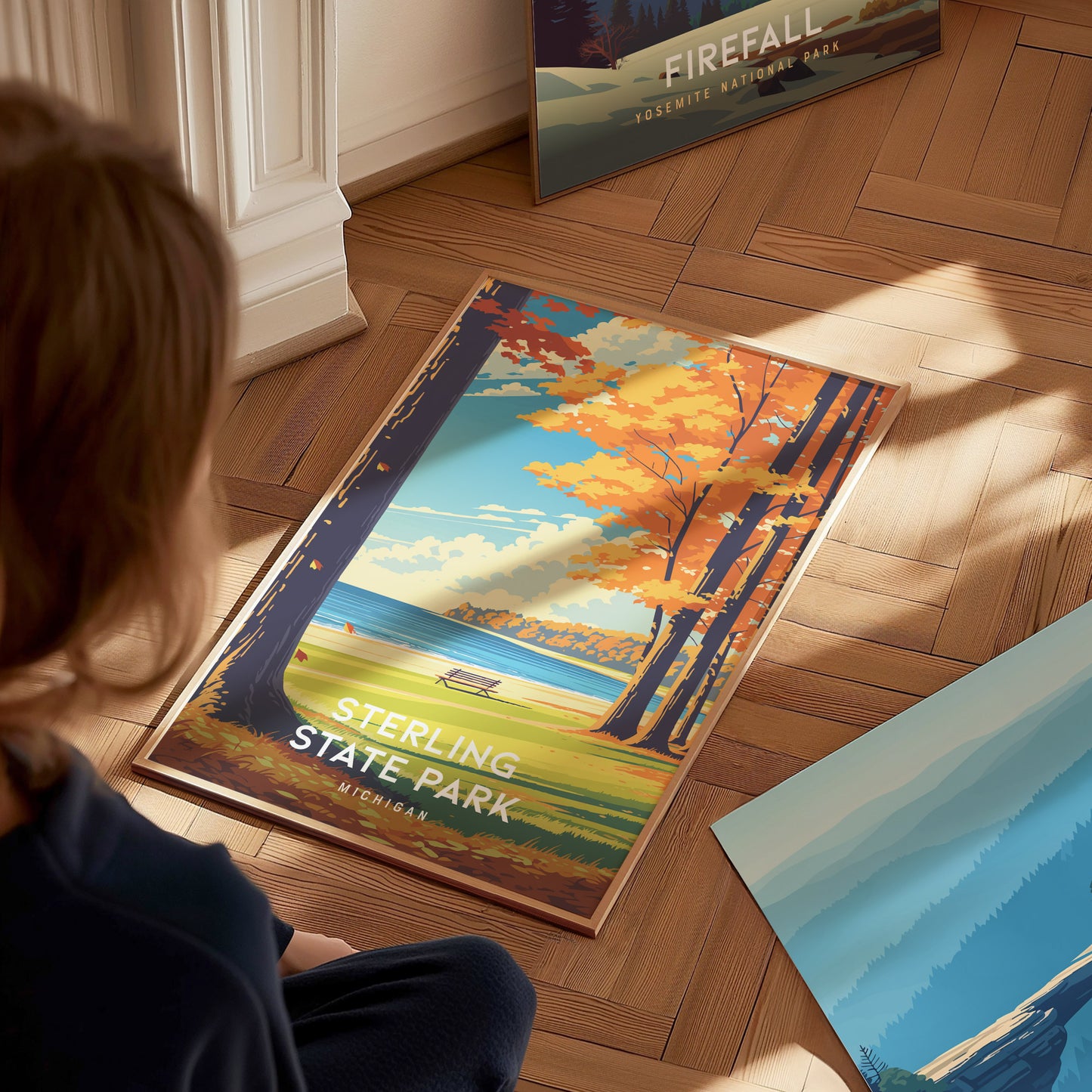 Sterling State Park, Michigan Poster | Lakeside Marshland & Sunset Wall Art — styled in a modern interior