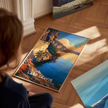 Lake Travis, Texas Poster | Hill Country Lake Sunset Wall Art — styled in a modern interior