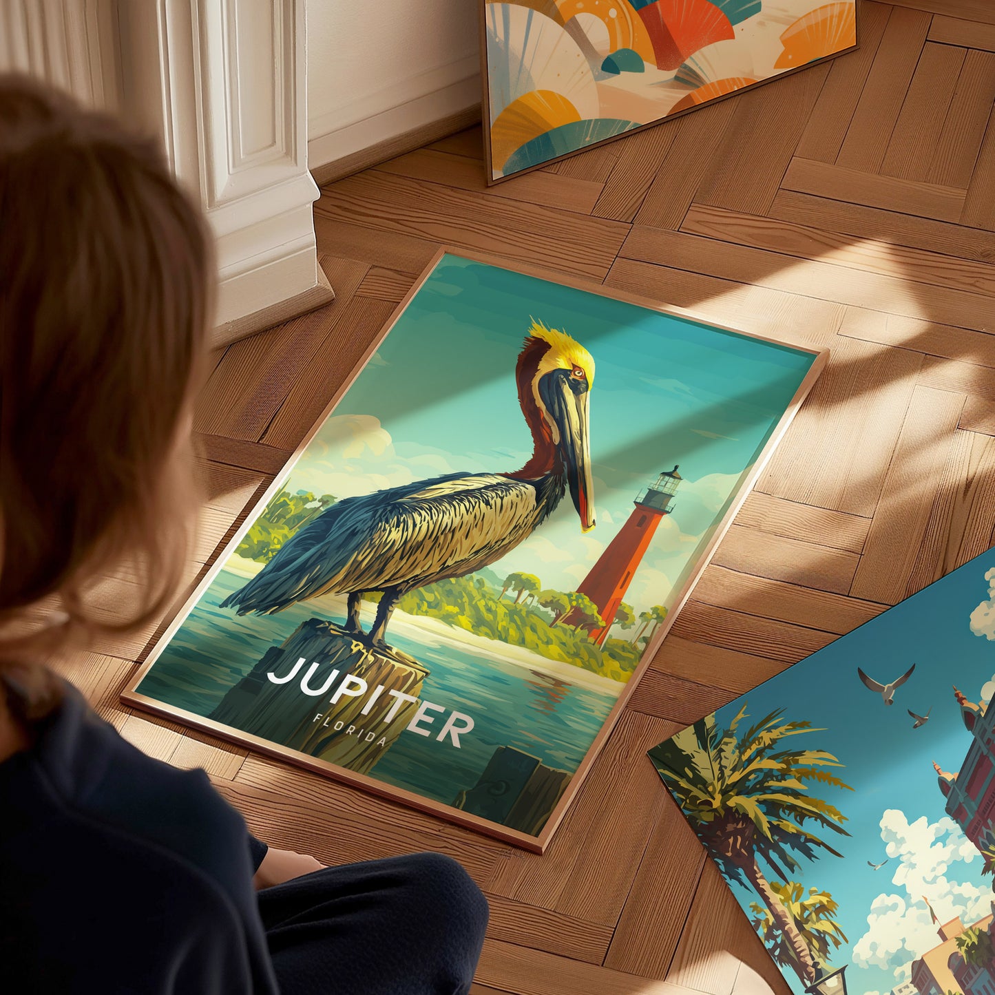 Person looking at a decorative rug with a pelican design on a wooden floor.