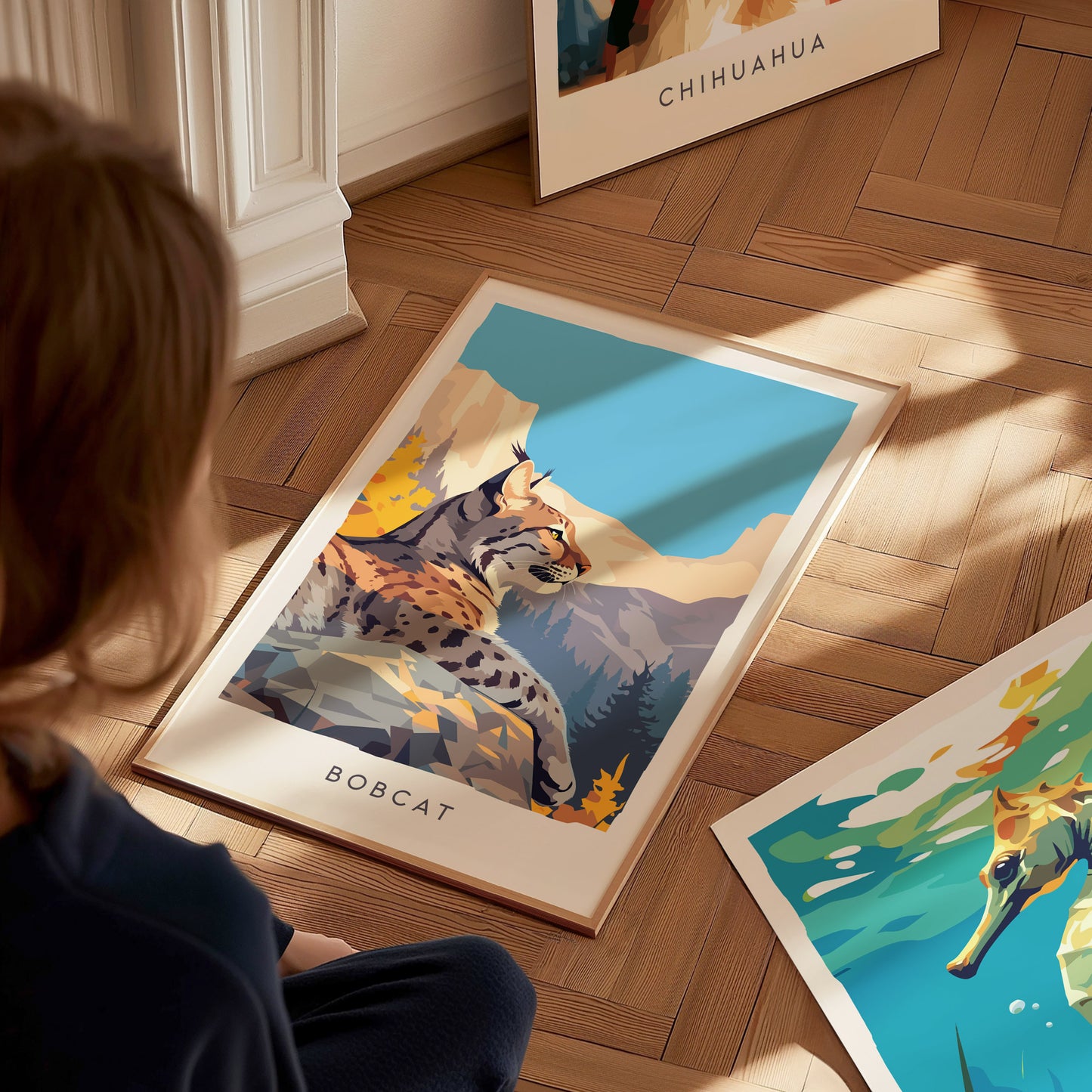 Bobcat Wildlife Poster | Fierce & Beautiful Wildcat Wall Art — styled in a modern interior