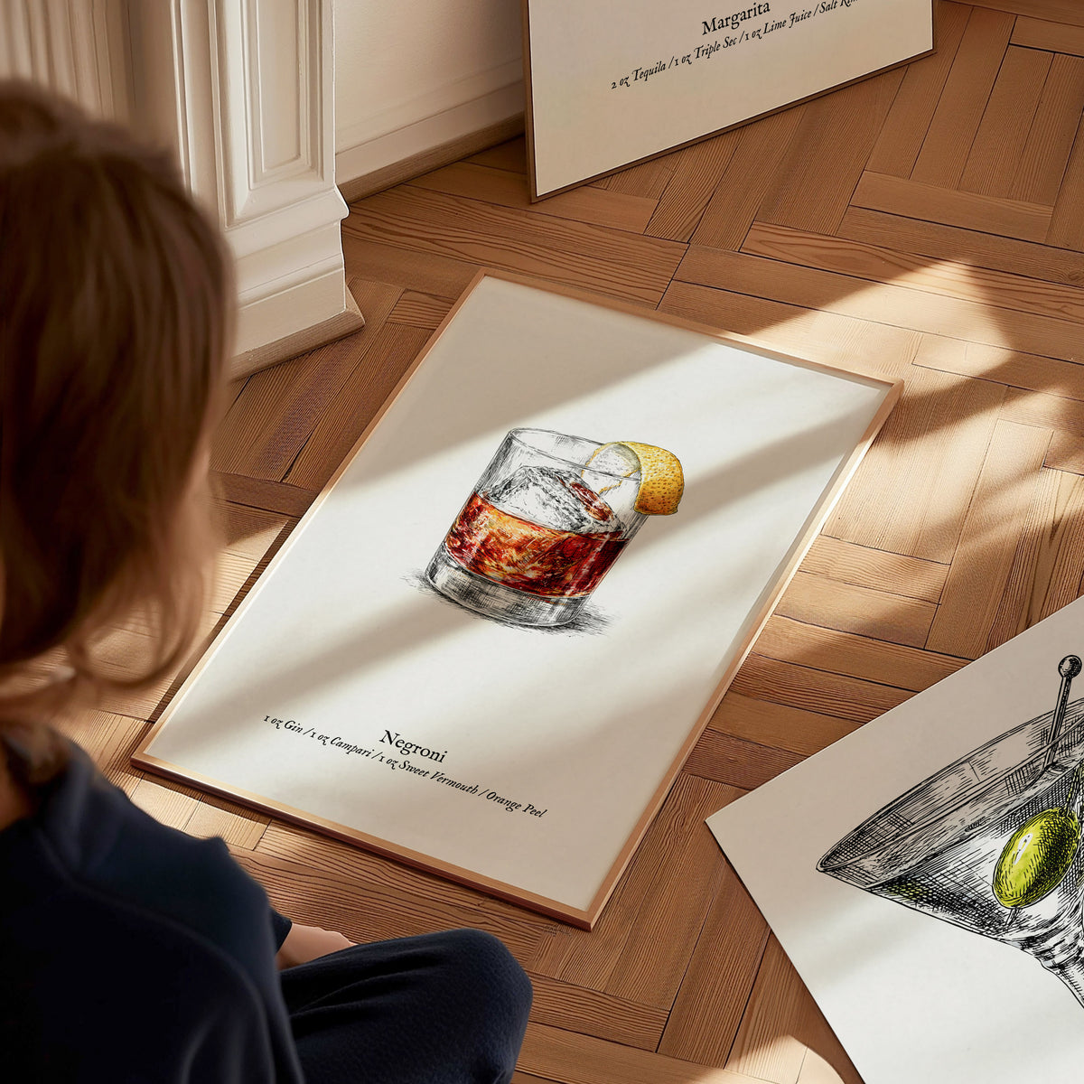 Negroni Poster | Vintage Cocktail Scientific Illustration Wall Art — styled in a modern interior