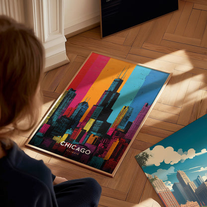 Chicago Skyline Pop Art Poster | Warhol Style Illinois Travel Print | Framed or Unframed