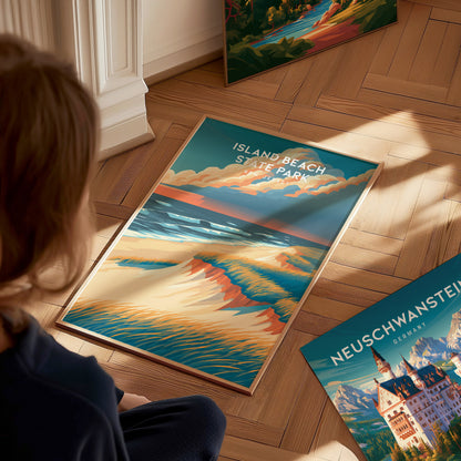 Island Beach State Park, New Jersey Poster | Destination Print Seaside Dunes Wall Art — styled in a modern interior