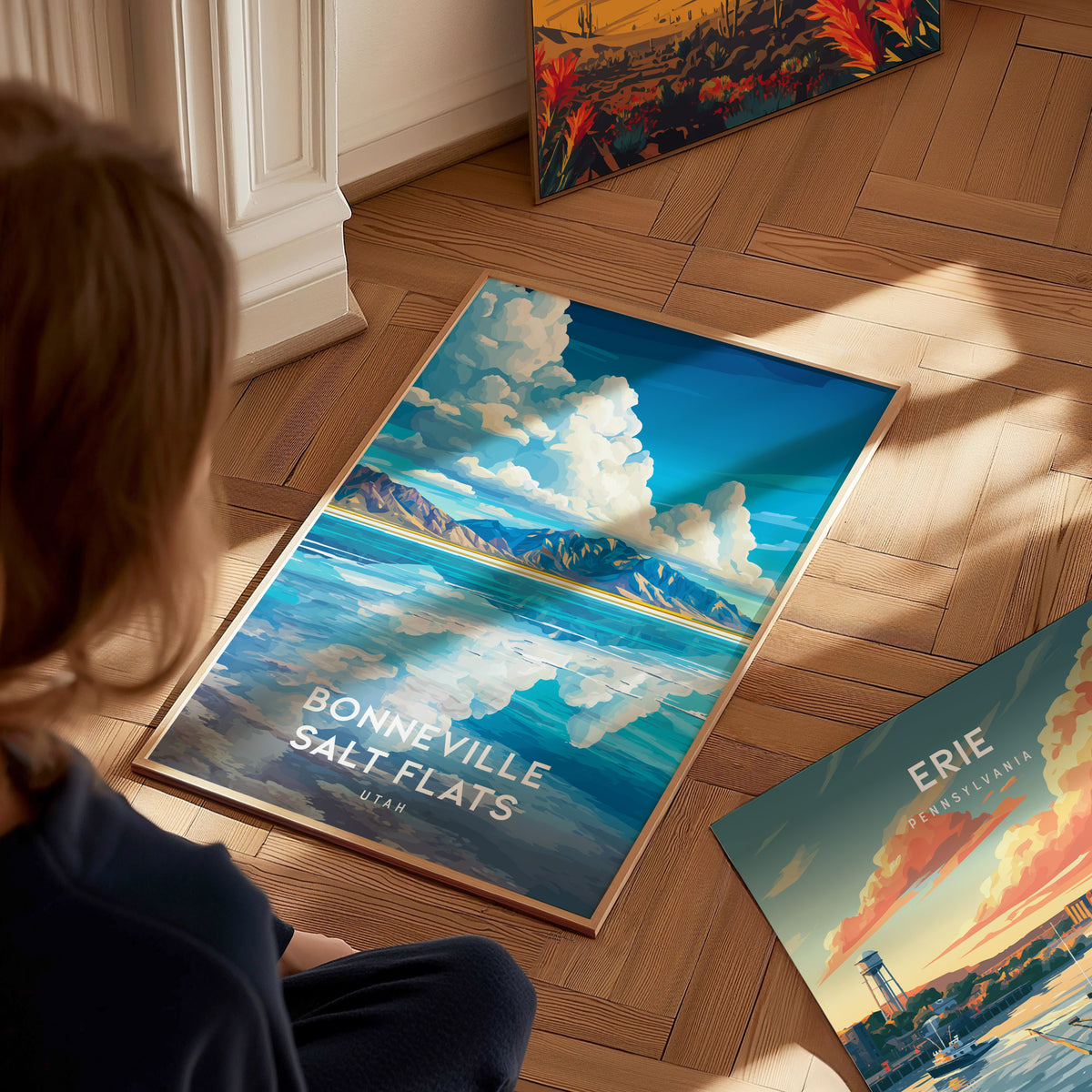 Bonneville Salt Flats, Utah Poster | Vast Desert Horizon Vacation Wall Art — styled in a modern interior