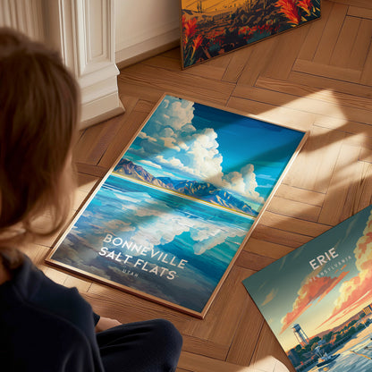 Bonneville Salt Flats, Utah Poster | Vast Desert Horizon Vacation Wall Art — styled in a modern interior
