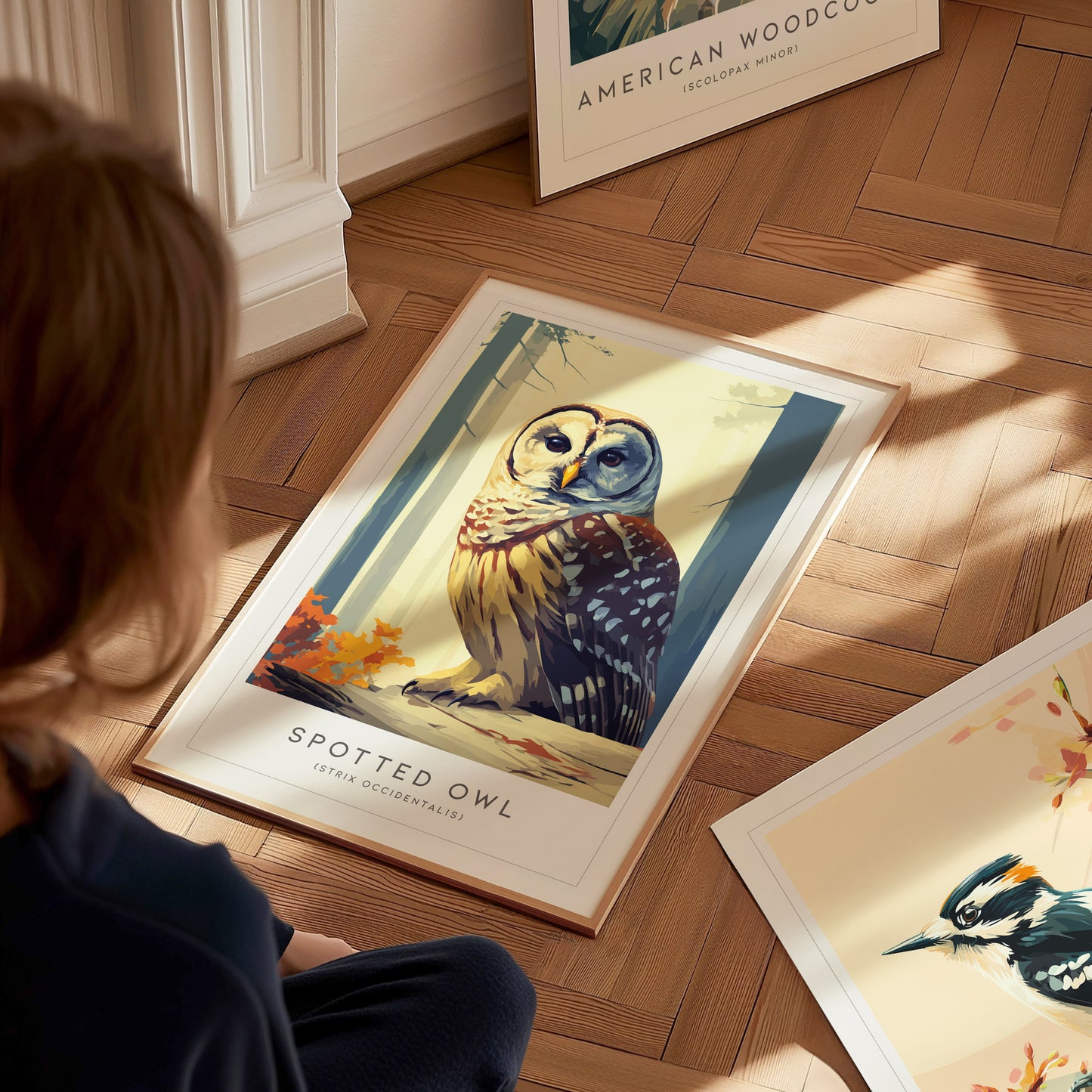 Spotted Owl Poster | Mysterious Forest Raptor Fine Wall Art — styled in a modern interior