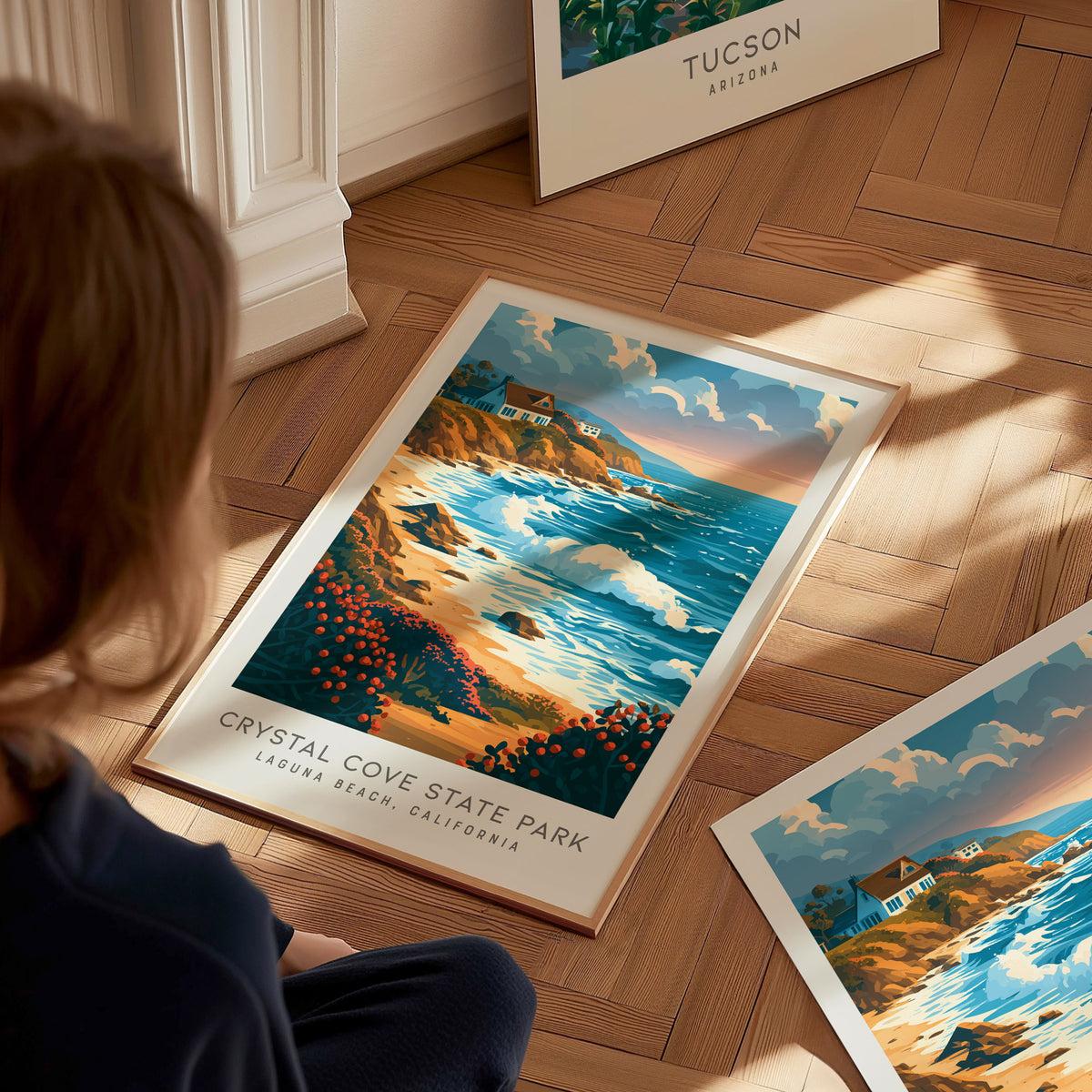 Crystal Cove State Park Matte Border Poster | Laguna Beach, California Travel Wall Art — styled in a modern interior
