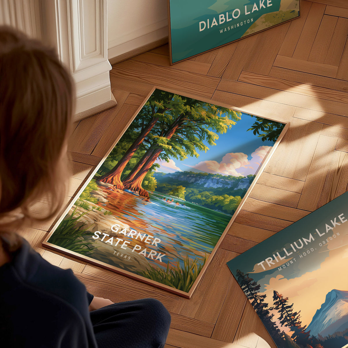 Garner State Park, Texas Poster | Hill Country River Destination Print Wall Art — styled in a modern interior