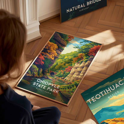 Ohiopyle State Park, Pennsylvania Poster | Waterfall & Wilderness Adventure Wall Art — styled in a modern interior