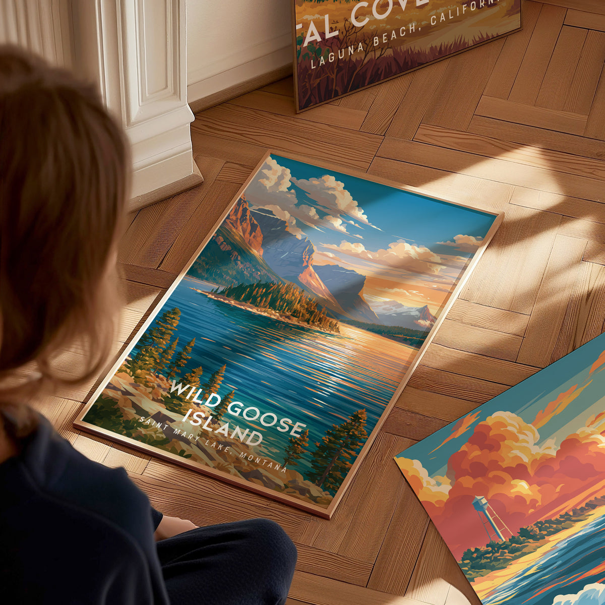 Wild Goose Island, Saint Mary Lake, Montana Poster | Mountain Lake Destination Print Wall Art — styled in a modern interior