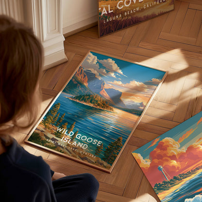 Wild Goose Island, Saint Mary Lake, Montana Poster | Mountain Lake Destination Print Wall Art — styled in a modern interior