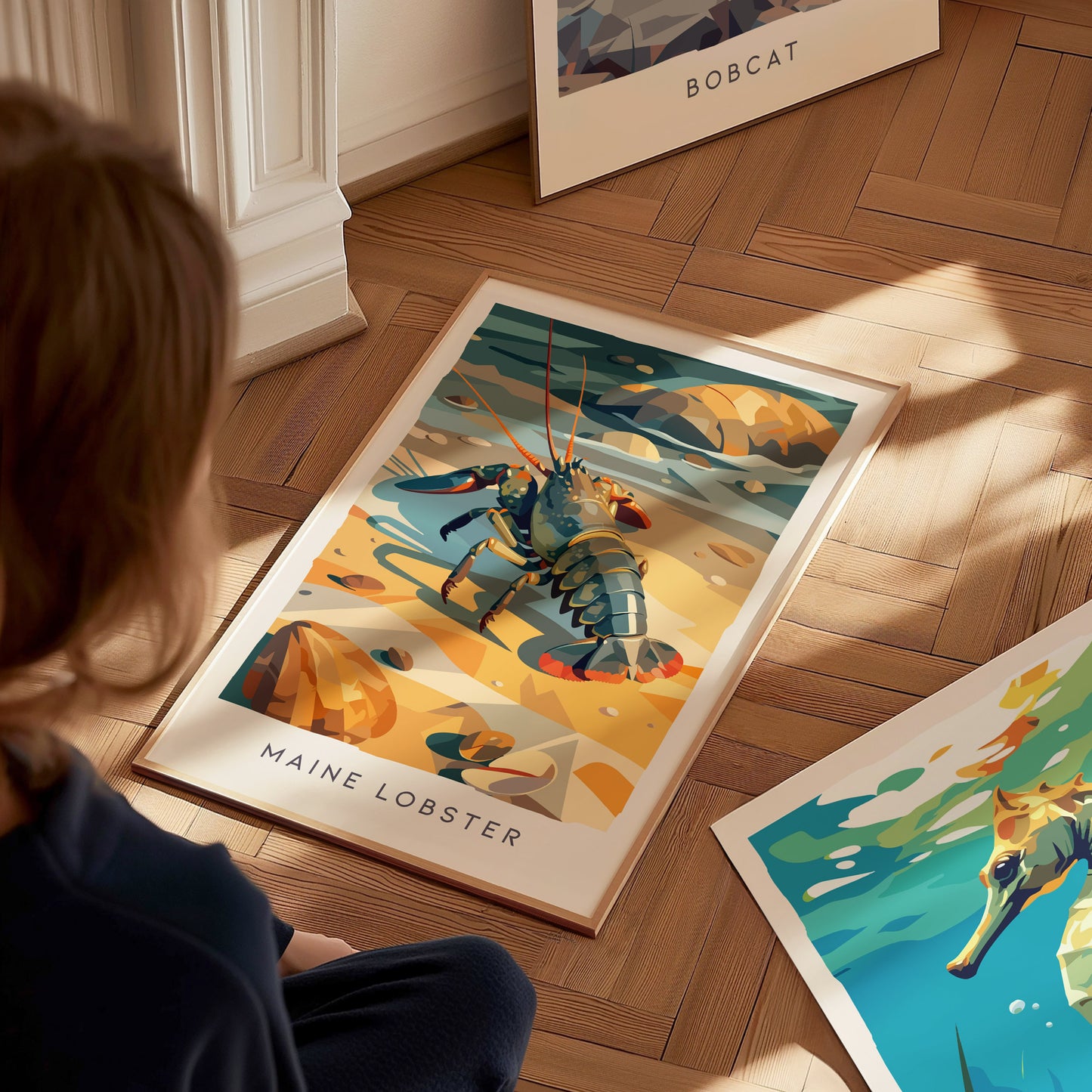 Maine Lobster Poster | Rugged Coast Lobster Wildlife Wall Art — styled in a modern interior