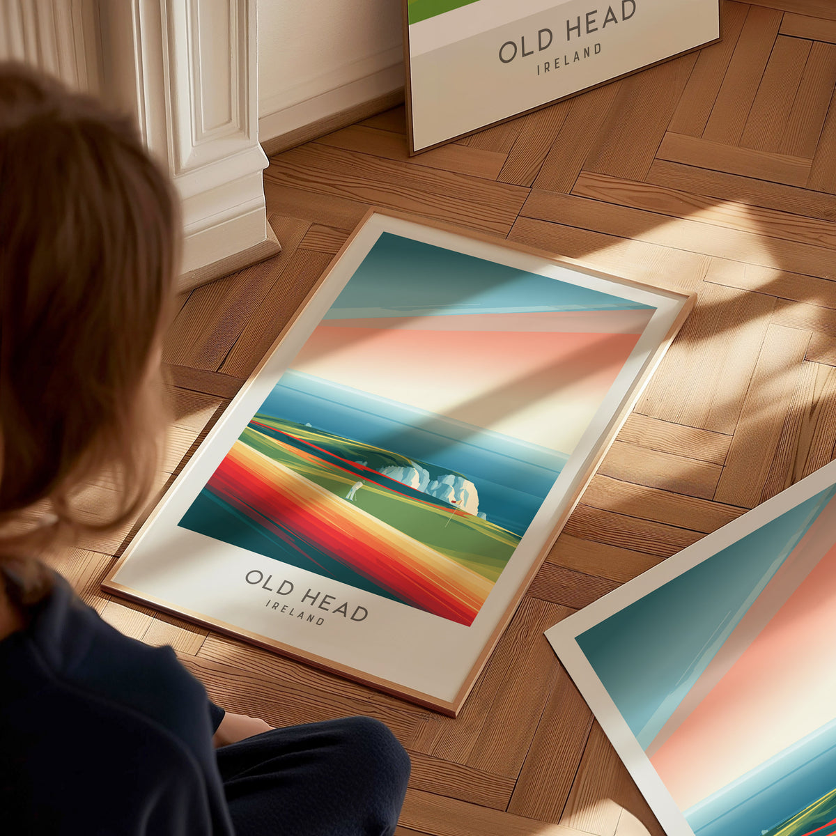 Old Head Matte Border Poster | Ireland Golf Course Print & Links Wall Art — styled in a modern interior