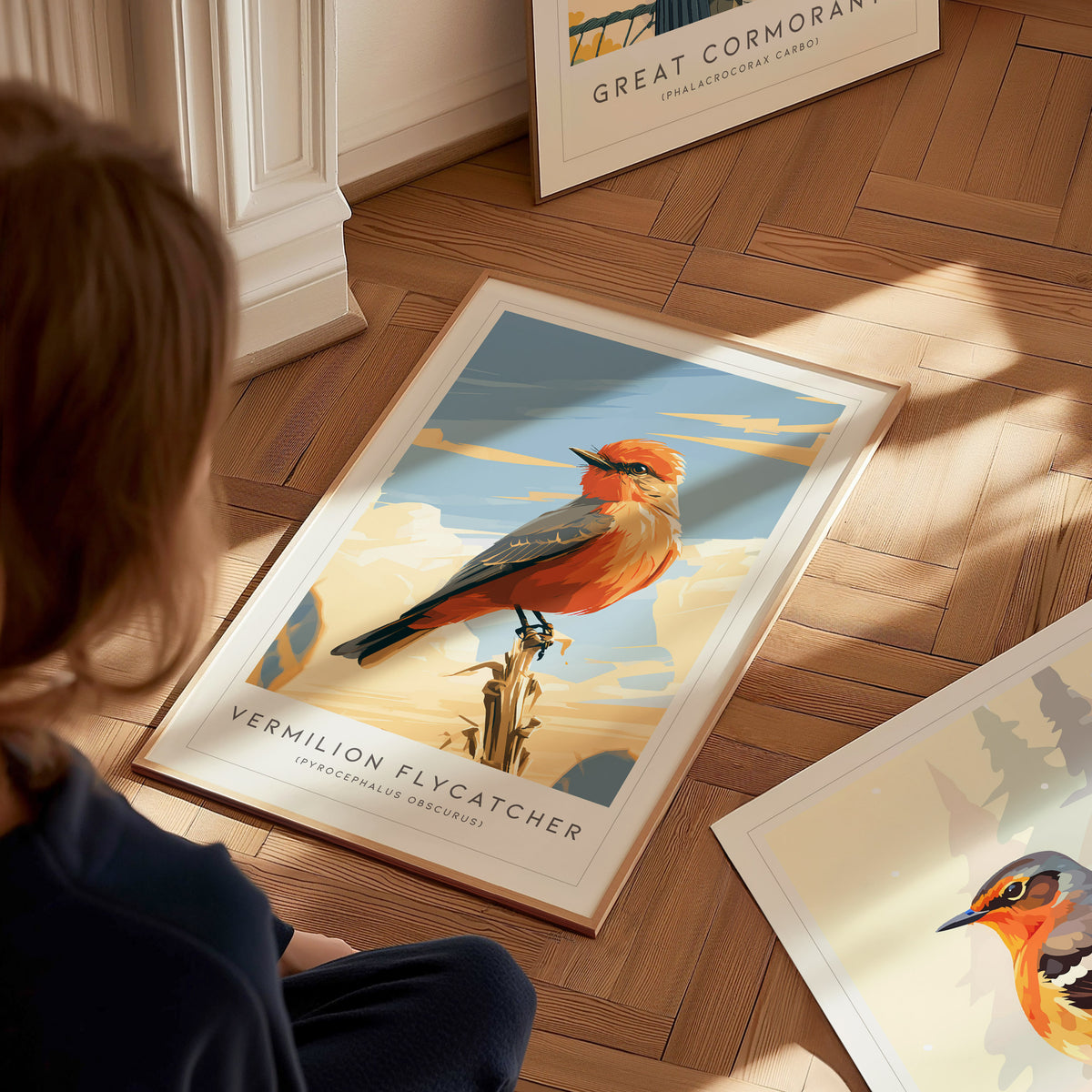 Vermilion Flycatcher, Pyrocephalus obscurus Poster | Brilliant Songbird Nature Poster Wall Art — styled in a modern interior