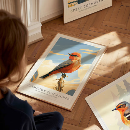 Vermilion Flycatcher, Pyrocephalus obscurus Poster | Brilliant Songbird Nature Poster Wall Art — styled in a modern interior