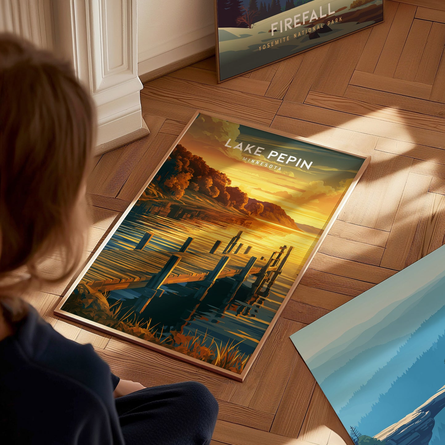 Lake Pepin, Minnesota Poster | Bluffs & Blue Water Travel Wall Art — styled in a modern interior
