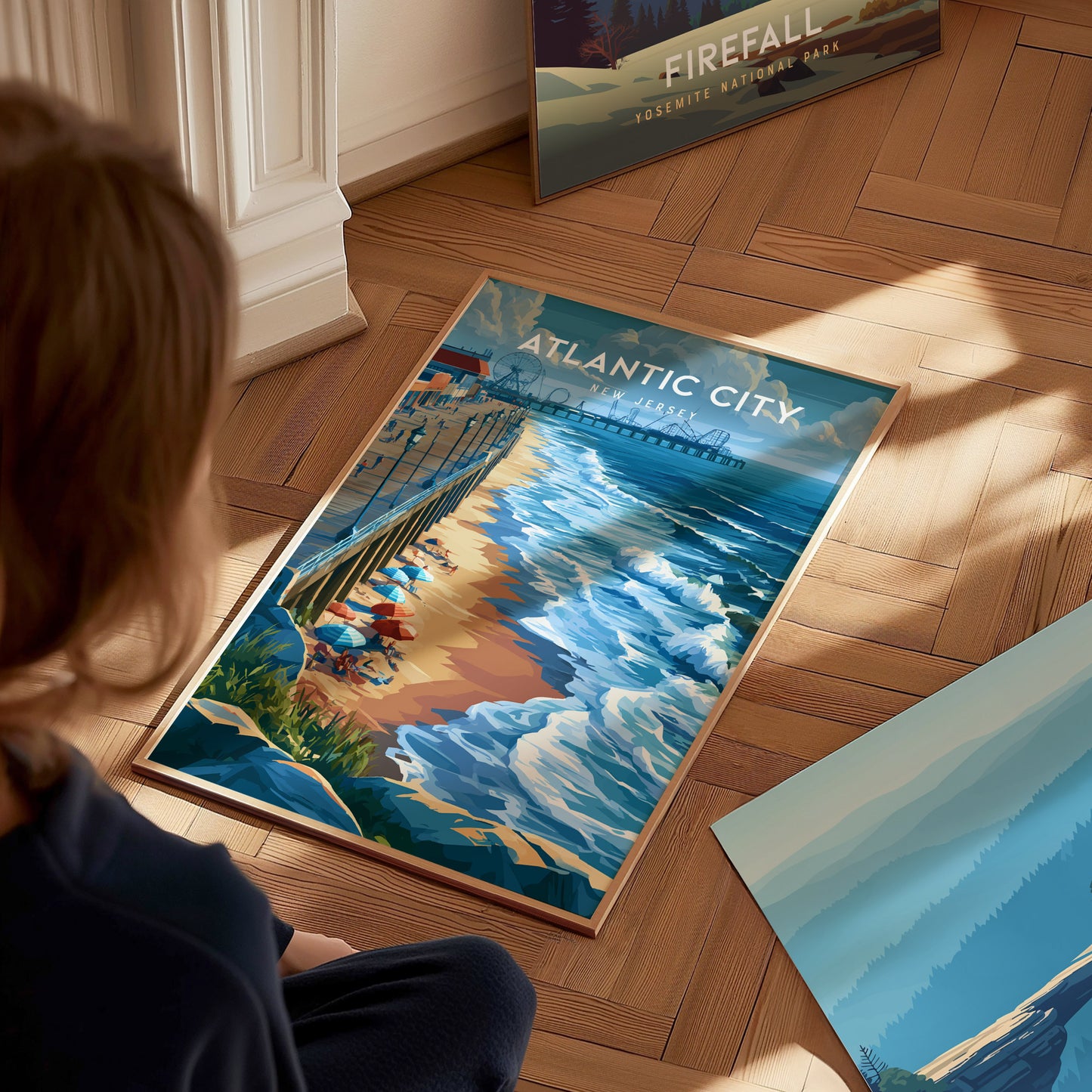Atlantic City, New Jersey Poster | Boardwalk & Steel Pier Coastal Wall Art — styled in a modern interior