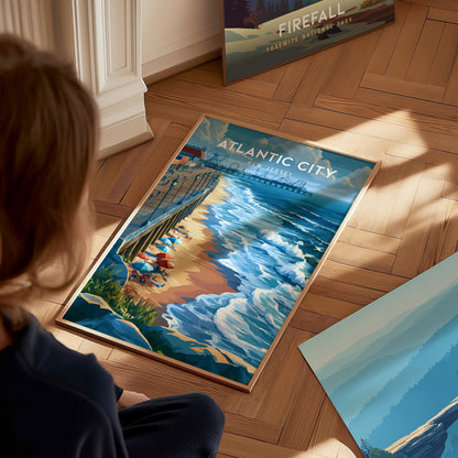Atlantic City, New Jersey Poster | Boardwalk & Steel Pier Coastal Wall Art — styled in a modern interior