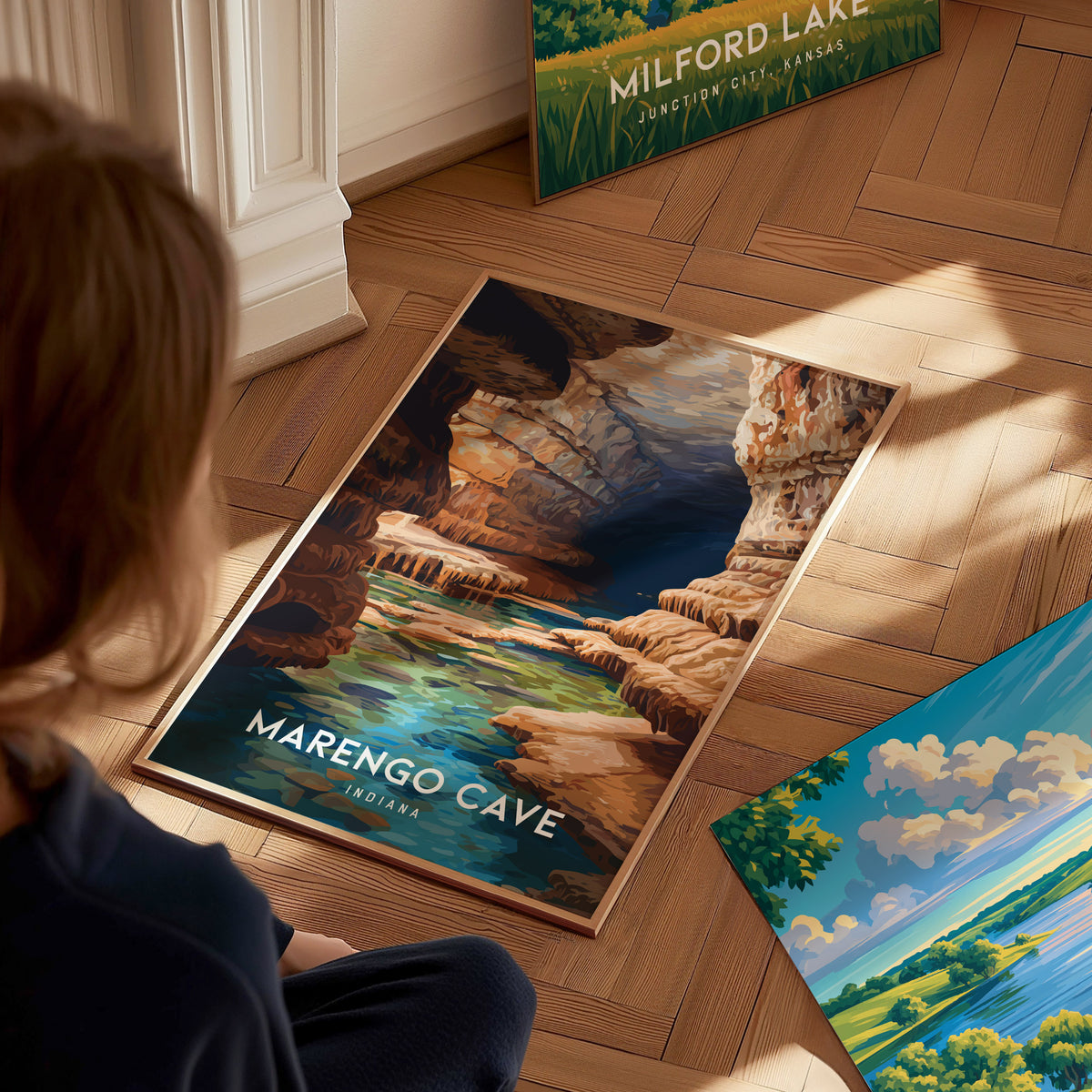 Marengo Cave, Indiana Poster | Underground Adventure Destination Print Wall Art — styled in a modern interior