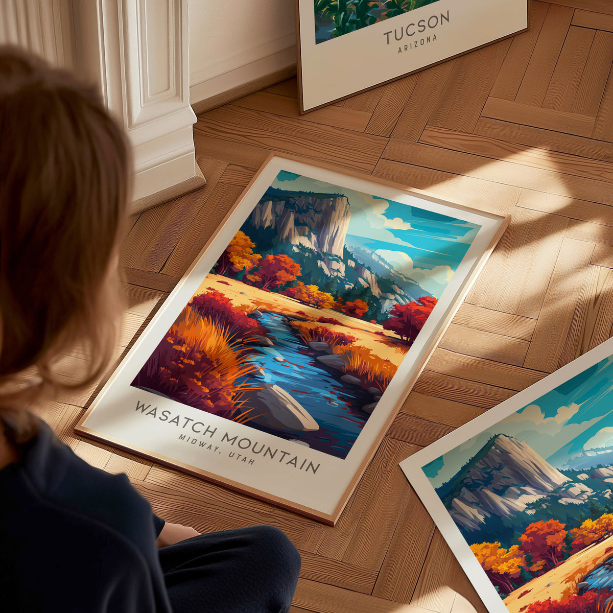 Wasatch Mountain Matte Border Poster | Midway, Utah Travel Wall Art — styled in a modern interior