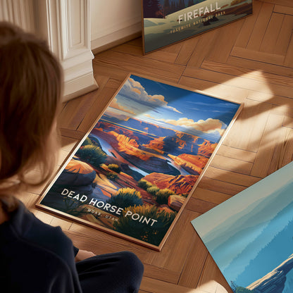 Dead Horse Point, Moab, Utah Poster | Canyon Overlook Destination Print Wall Art — styled in a modern interior
