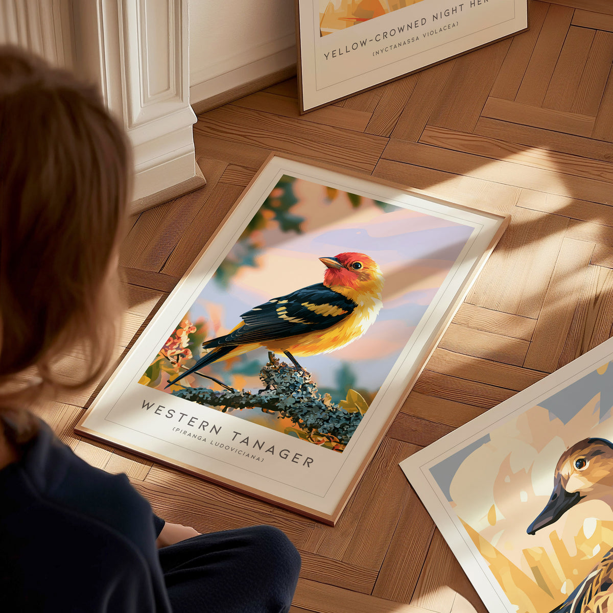 Western Tanager, Piranga ludoviciana Poster | Vibrant Songbird Nature Wall Art — styled in a modern interior