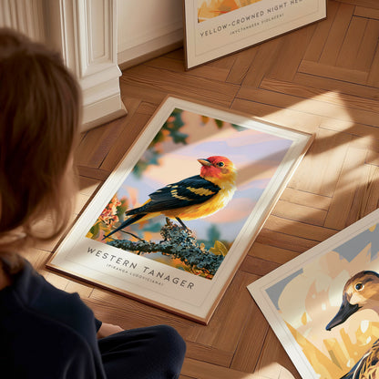 Western Tanager, Piranga ludoviciana Poster | Vibrant Songbird Nature Wall Art — styled in a modern interior