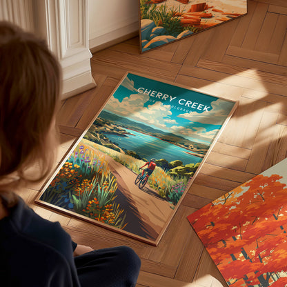 Cherry Creek, Aurora, Colorado Poster | Lakeside Retreat Framed or Unframed Wall Art — styled in a modern interior