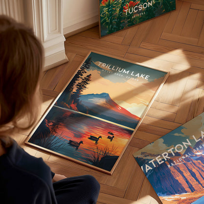 Trillium Lake, Mount Hood, Oregon Poster | Alpine Reflection Destination Print Wall Art — styled in a modern interior