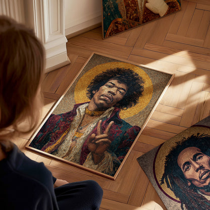 A child sits on a wooden floor, gazing at a framed mosaic art piece of Jimi Hendrix, adorned in a colorful outfit with a golden halo. Other posters of musicians are scattered nearby, creating an artistic and vibrant atmosphere.