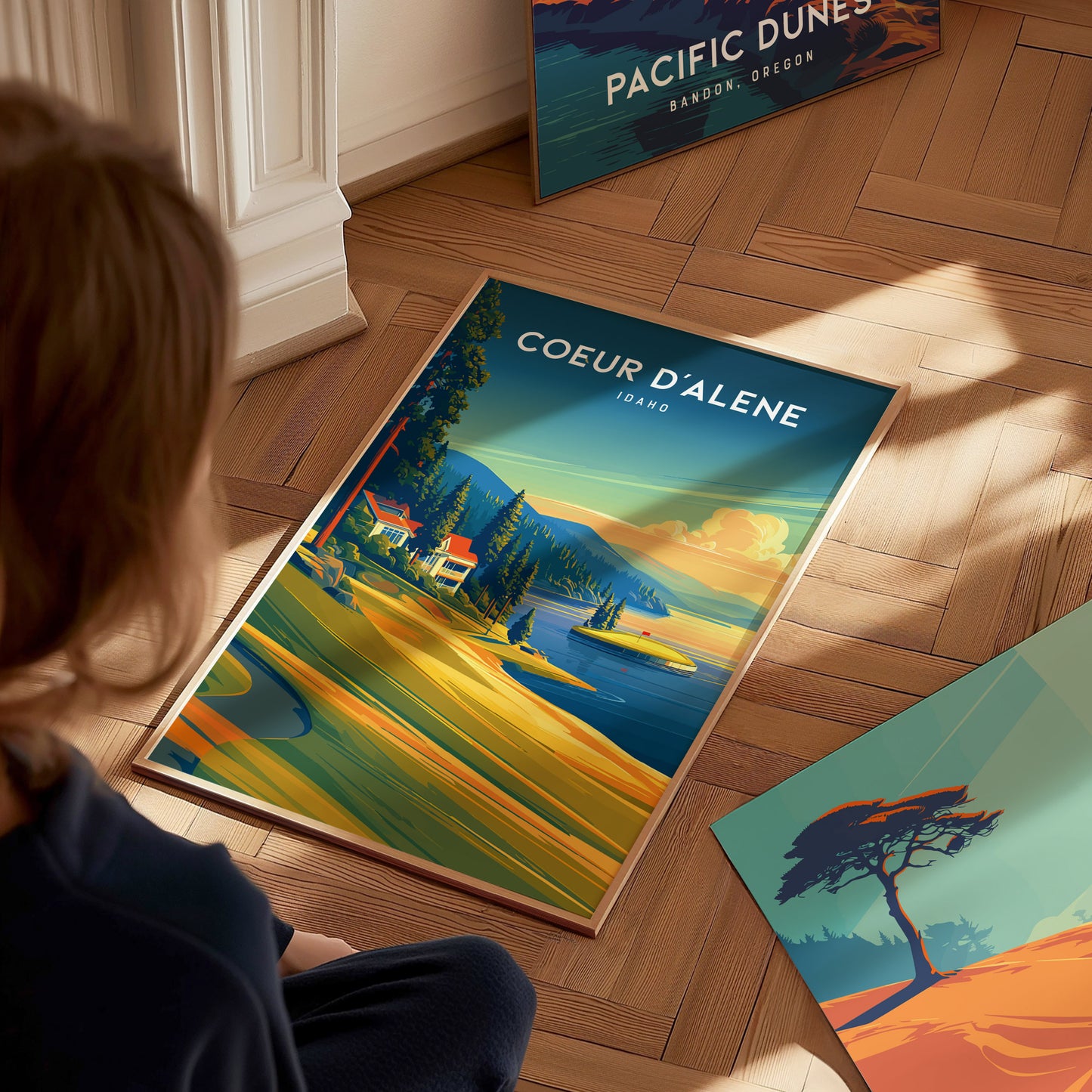 Coeur d'Alene Resort, Idaho Poster | Lakeside Golf Course Scenic Wall Art — styled in a modern interior