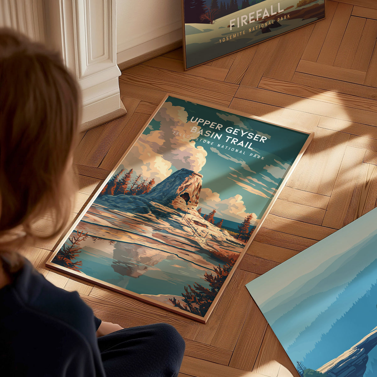 Upper Geyser Basin Trail, Yellowstone National Park Poster | Geothermal Wonders Travel Wall Art — styled in a modern interior