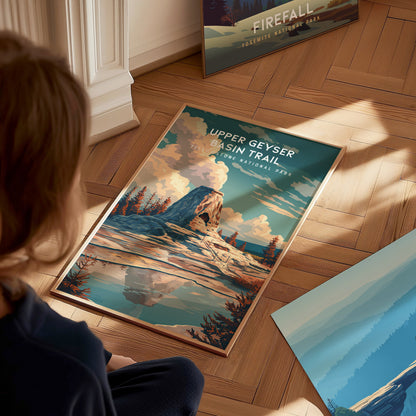 Upper Geyser Basin Trail, Yellowstone National Park Poster | Geothermal Wonders Travel Wall Art — styled in a modern interior