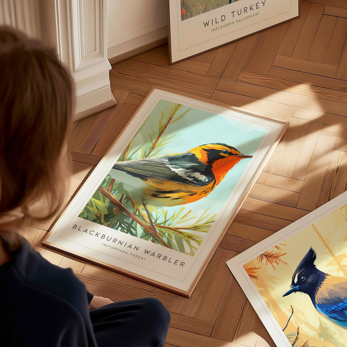 Blackburnian Warbler, Setophaga fusca Poster | Fiery Songbird Nature Print Wall Art — styled in a modern interior