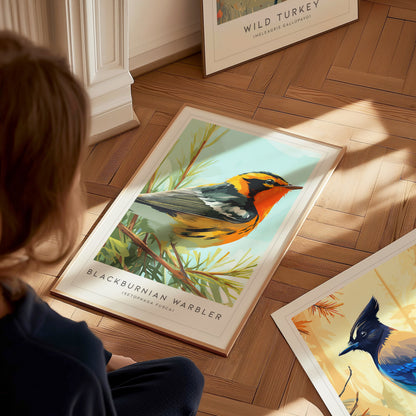 Blackburnian Warbler, Setophaga fusca Poster | Fiery Songbird Nature Print Wall Art — styled in a modern interior