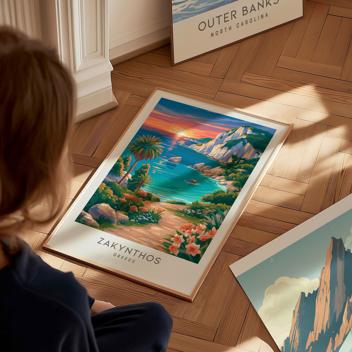Zakynthos Matte Border Poster | Greece Travel Wall Art — styled in a modern interior