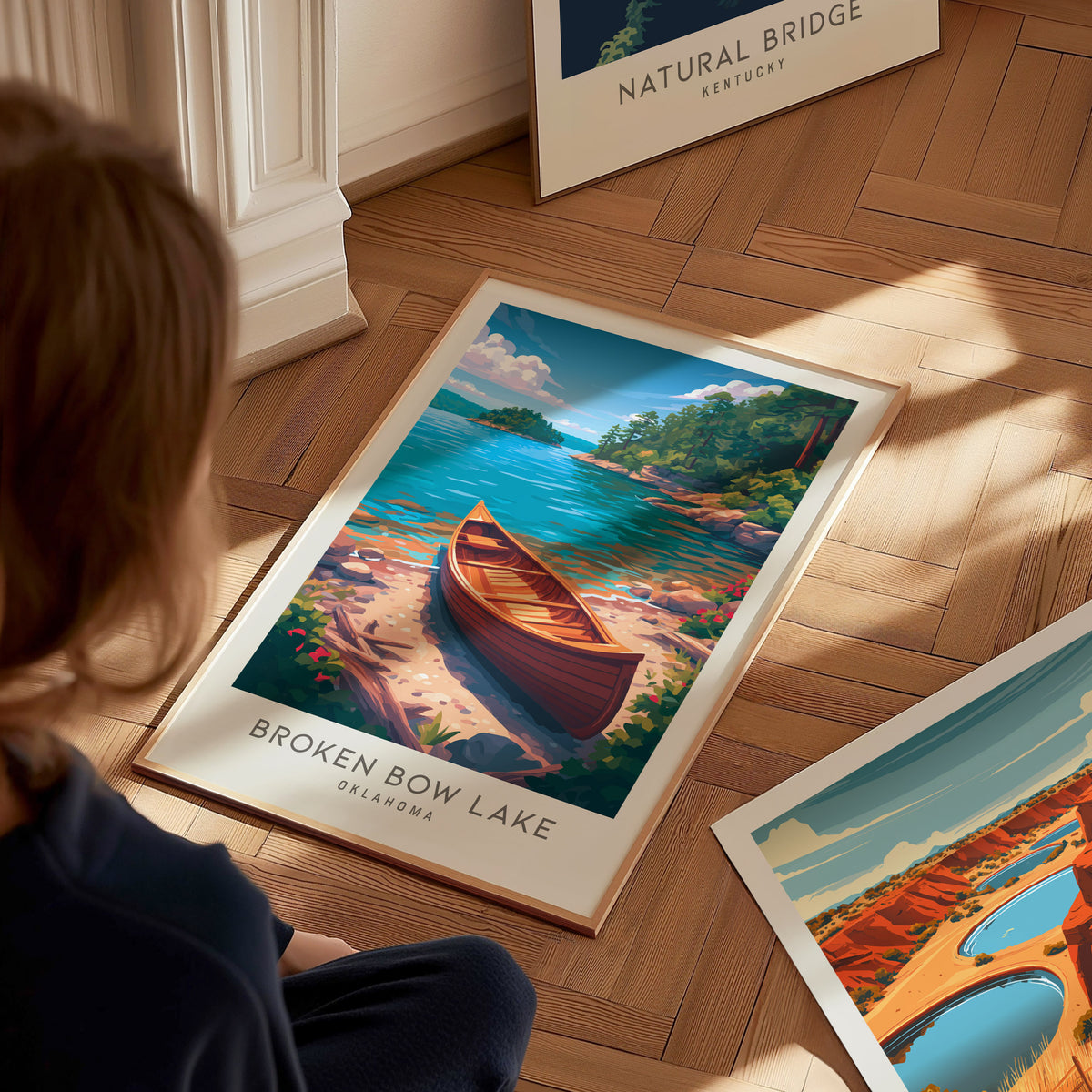 Broken Bow Lake Matte Border Poster | Oklahoma Destination Print Travel Wall Art — styled in a modern interior