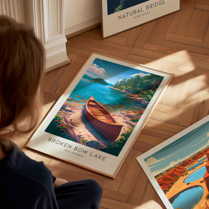 Broken Bow Lake Matte Border Poster | Oklahoma Destination Print Travel Wall Art — styled in a modern interior