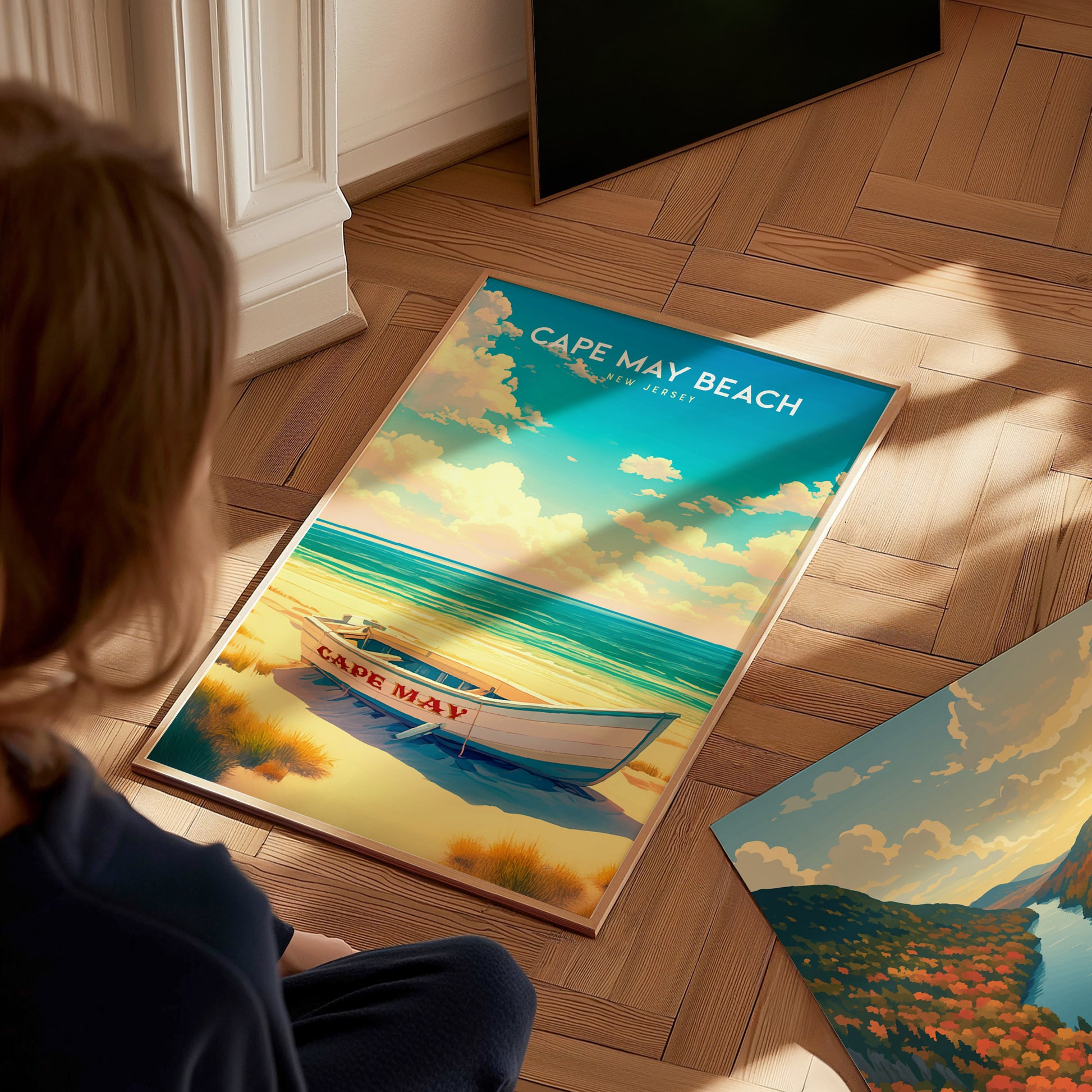 Cape May Beach, New Jersey Poster | Victorian Shore & Sunset Coastal Beach Decor — styled in a modern interior