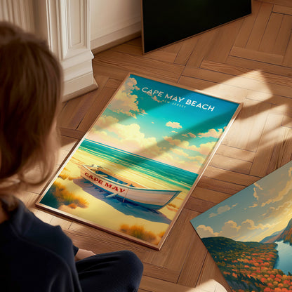 Cape May Beach, New Jersey Poster | Victorian Shore & Sunset Coastal Beach Decor — styled in a modern interior