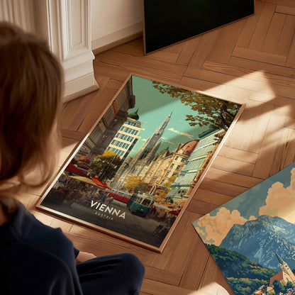 A child sits on a wooden floor, gazing at a vibrant poster of Vienna, Austria, featuring a bustling city scene with historic architecture and trees. Nearby, a second poster showcases a picturesque mountain landscape.