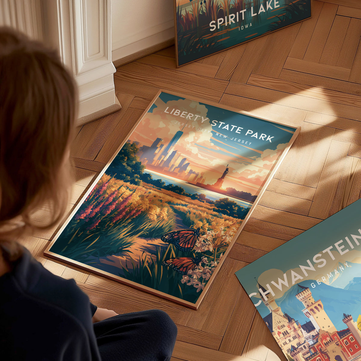 Liberty State Park, Jersey City, New Jersey Poster | Skyline & Harbor Travel Wall Art — styled in a modern interior