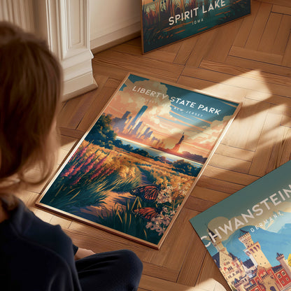 Liberty State Park, Jersey City, New Jersey Poster | Skyline & Harbor Travel Wall Art — styled in a modern interior